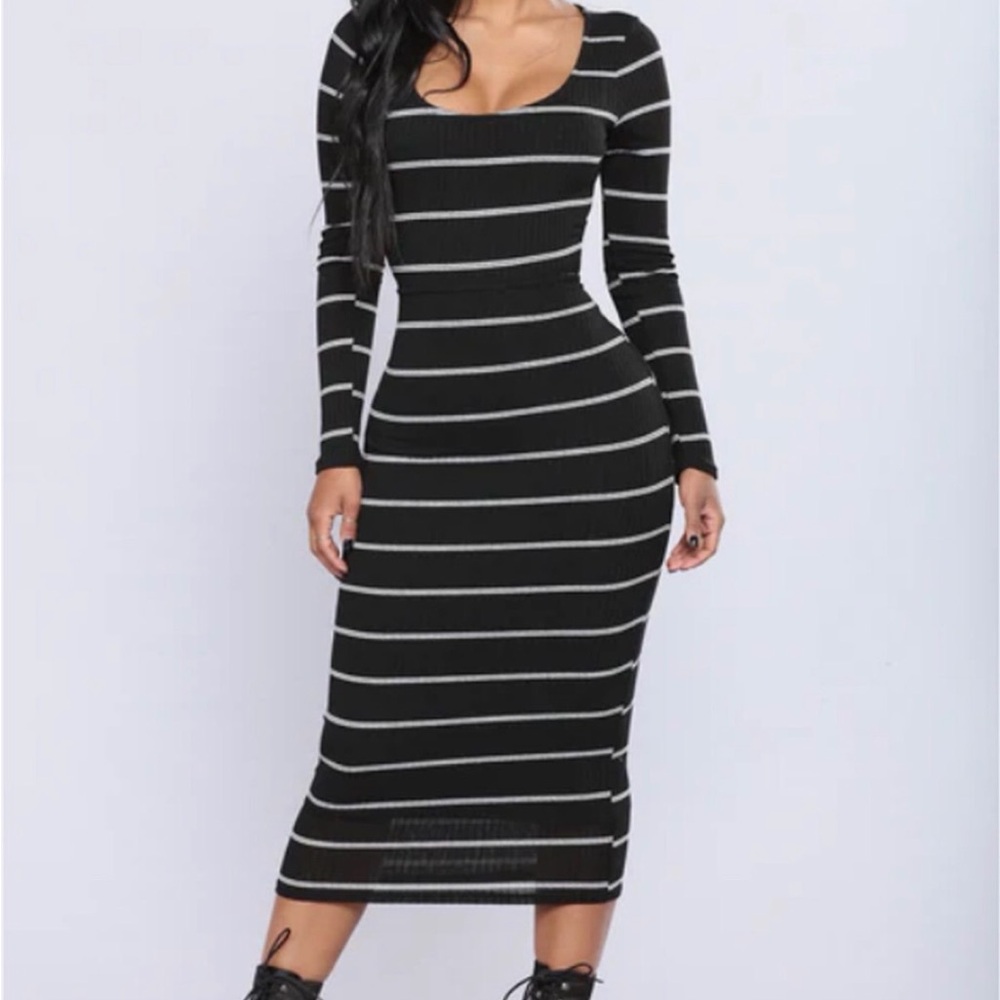 Fashion Nova Black & White Striped Ribbed Long  Sleeve Dress with Back Cutout
